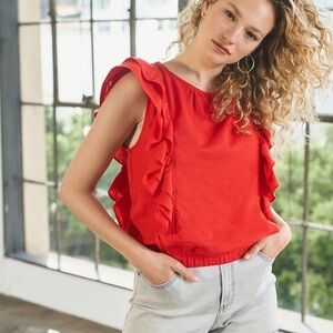 Express Red Linen-Blend Banded Bottom Ruffle Top-NWT